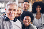 Call center, men and women in office selfie with smile, diversity and happiness for teamwork. Senior man, old woman and black people in tech support with profile picture together for social media app