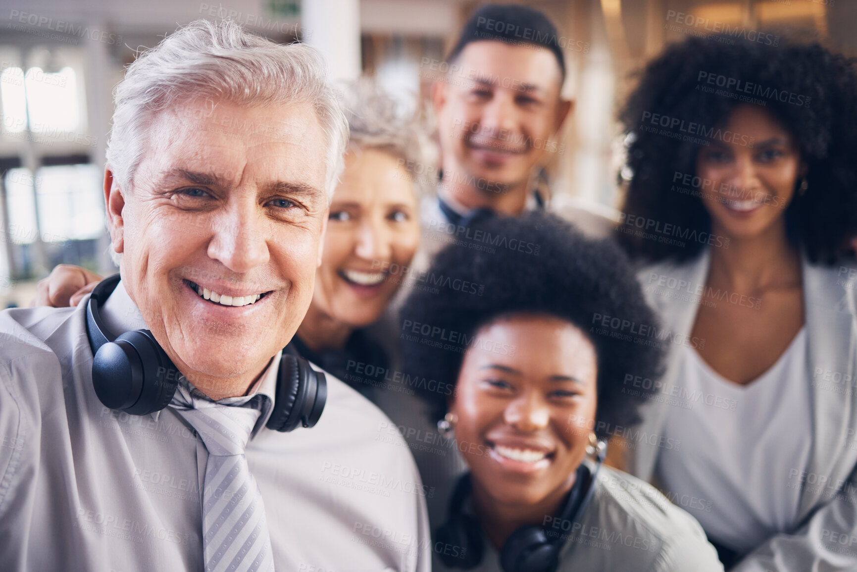 Buy stock photo Call center, men and women in office selfie with smile, diversity and happiness for teamwork. Senior man, old woman and black people in tech support with profile picture together for social media app