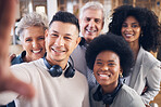 Call center, men and women in friends selfie with smile, diversity and happiness for teamwork. Asian man, old woman and black people in tech support with profile picture together for social media app