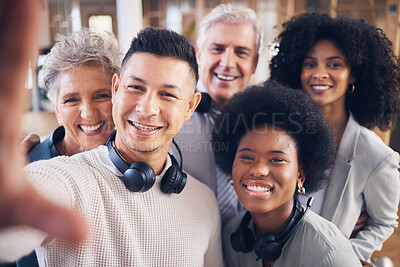 Call center, men and women in friends selfie with smile, diversity and happiness for teamwork. Asian man, old woman and black people in tech support with profile picture together for social media app