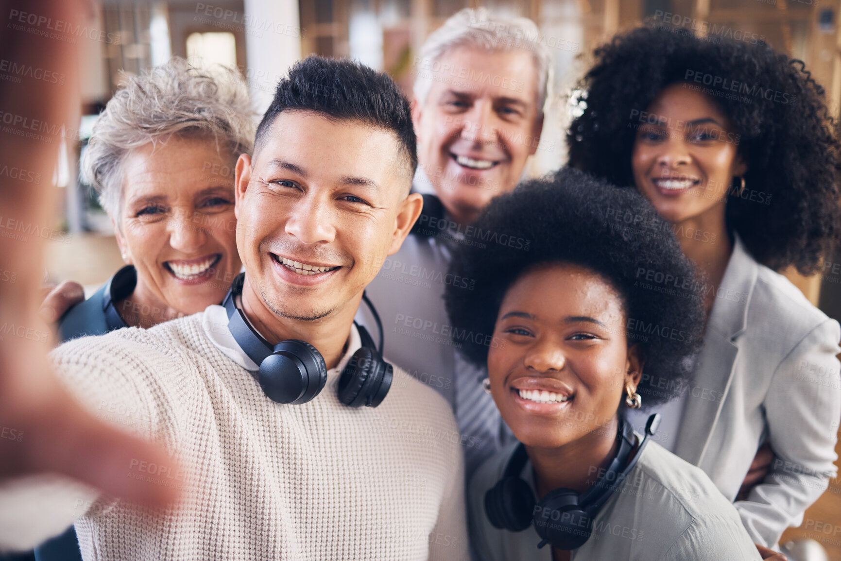 Buy stock photo Call center, men and women in friends selfie with smile, diversity and happiness for teamwork. Asian man, old woman and black people in tech support with profile picture together for social media app