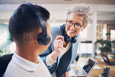 Buy stock photo Coaching, happy boss or insurance agent in call center helping, talking or networking in telemarketing training. Senior woman or sales people in communication at customer services or crm support desk