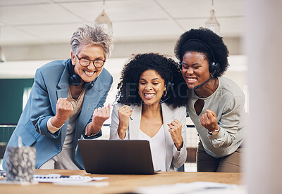 Buy stock photo Teamwork goals, success or happy people in call center in celebration of sales target together in office. Winner, business deal or insurance agents celebrate bonus at customer services or crm support