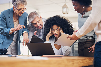 Buy stock photo Chaos, stress and black woman with headache from multitasking, workload and team pressure in office. Burnout, fail and corporate manager with anxiety, mistake and deadline, problem or online glitch