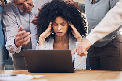 Buy stock photo Stress, chaos and black woman with headache from multitasking, workload and team pressure in office. Burnout, fail and corporate manager with anxiety, mistake and deadline, problem or online glitch