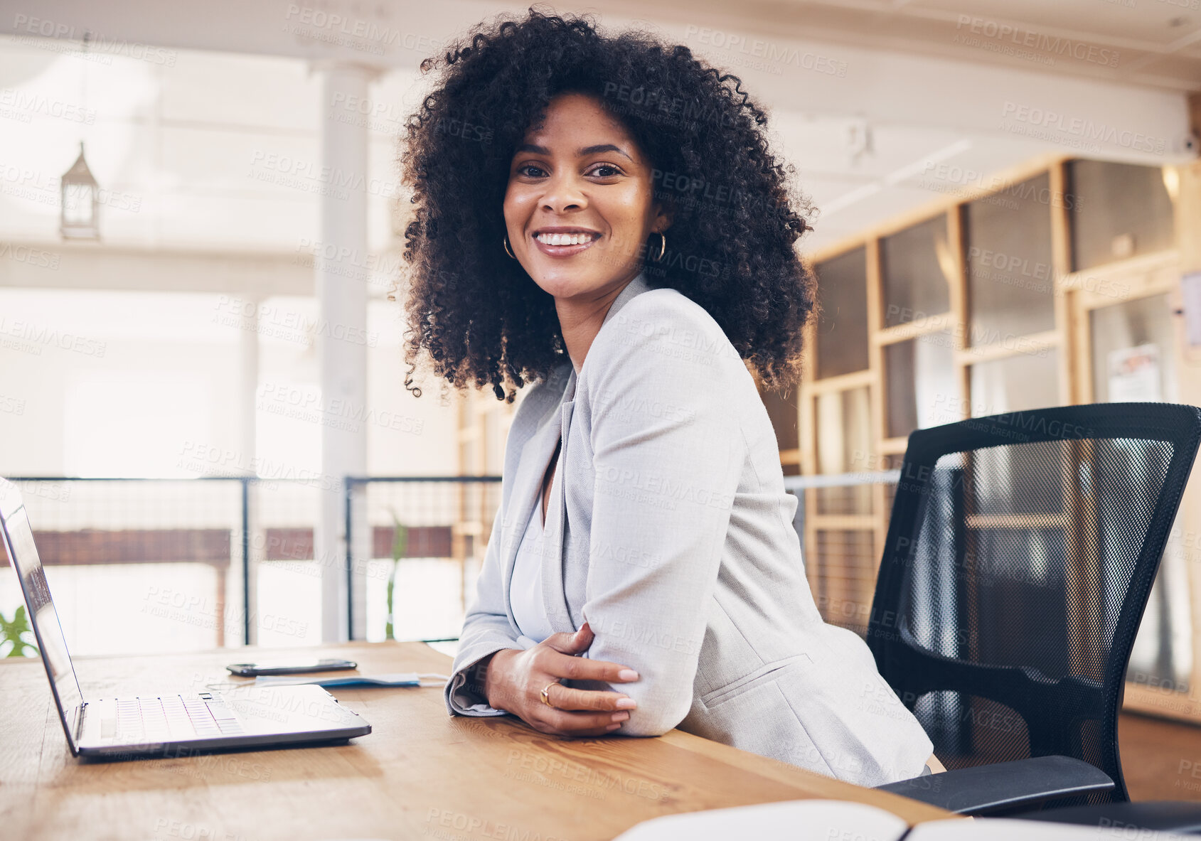 Buy stock photo Portrait of business black woman working on laptop for office startup, career hr management and company planning. Happy online professional worker, person or manager in human resources with computer