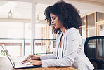 Laptop, typing and black woman in business startup planning, market research and copywriting career. Online professional worker, person or manager working on computer in workspace for job opportunity