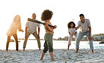 Baseball, big family and girl play at beach, having fun and enjoying holiday together. Care, sunset and mother, grandparents and happy father throw ball at kid, playing sports and bonding by ocean.