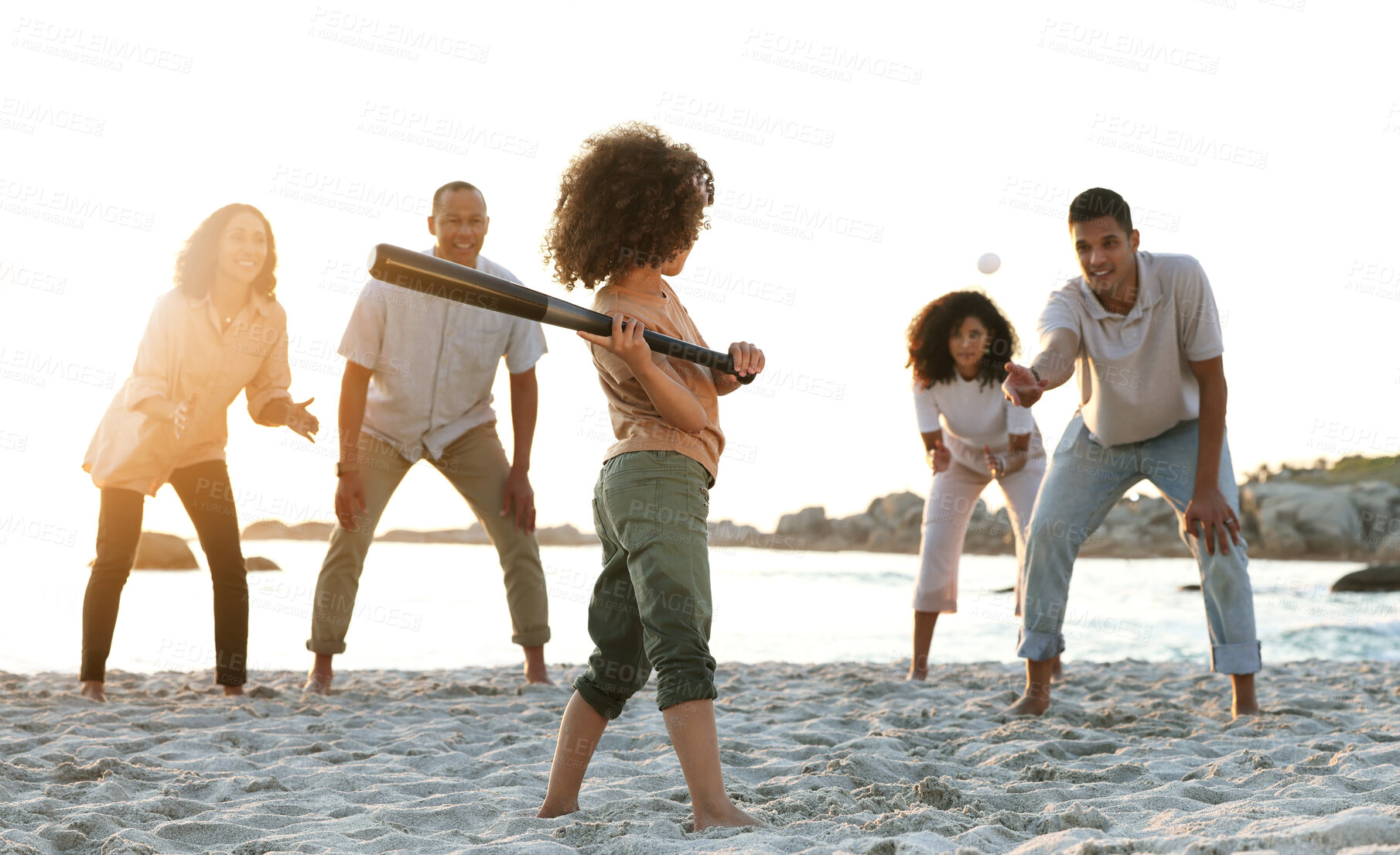 Buy stock photo Baseball, big family and girl play at beach, having fun and enjoying holiday together. Care, sunset and mother, grandparents and happy father throw ball at kid, playing sports and bonding by ocean.