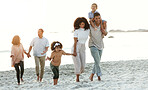 Latino family, beach and walking on summer vacation, quality time and bonding for fun and wellness. Grandparents, mother and father with children, seaside holiday and travelling for adventure and joy