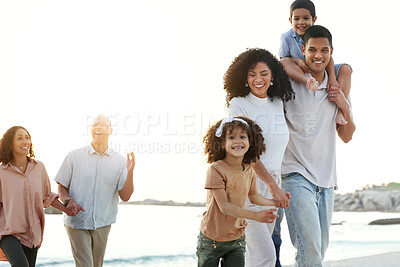 Buy stock photo Beach, family and grandparents, parents and children relax for bonding and walking together at sunset. Travel, love and happy kids with mom and dad by ocean for adventure, holiday and vacation