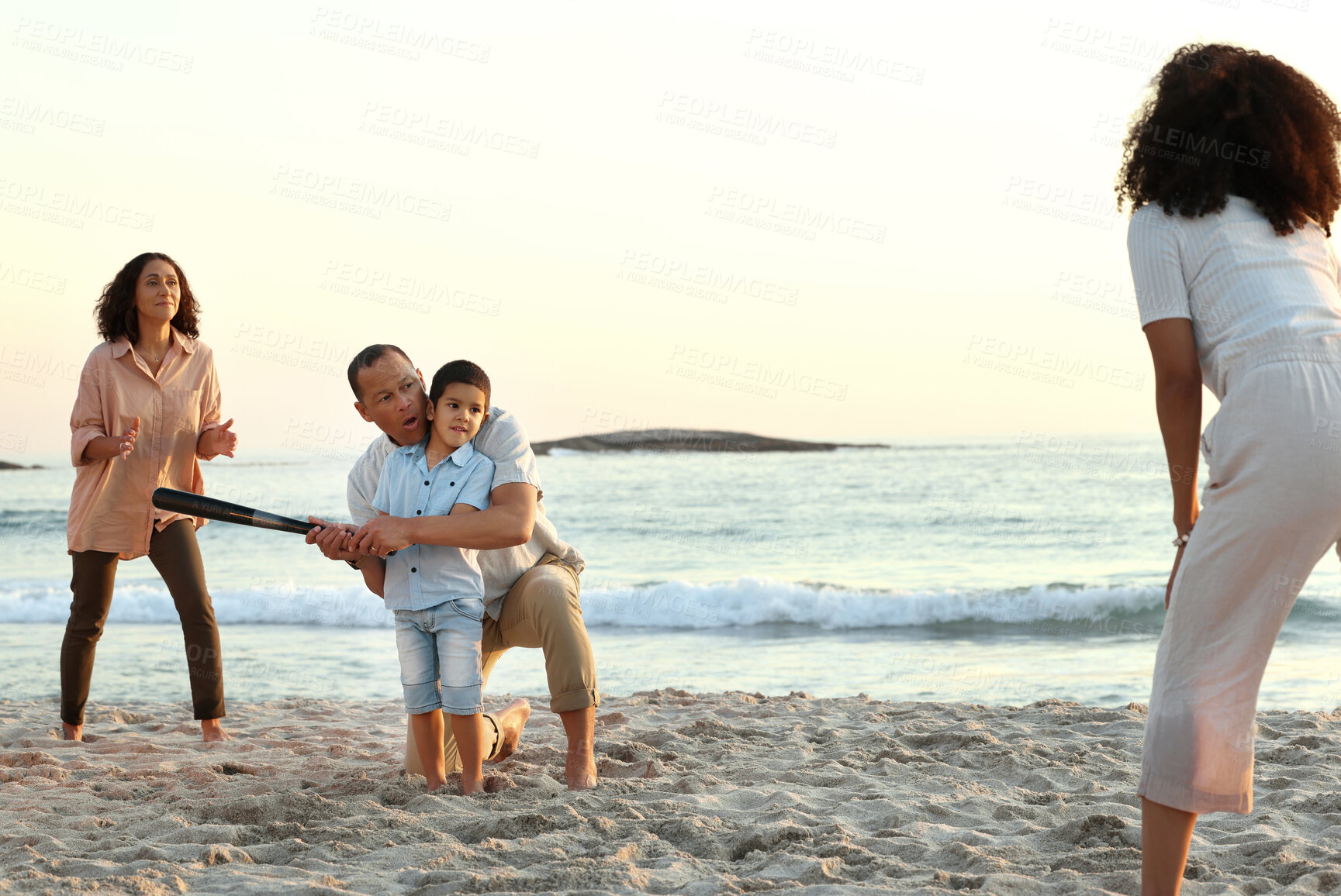 Buy stock photo Baseball, big family and boy play at beach, having fun and enjoying holiday together. Care, sunset and mother with happy grandparents playing sports with kid or child and bonding by ocean or seashore