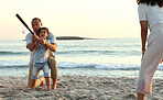 Family, baseball and boy play at beach, having fun and enjoying holiday together. Care, sunset and mother with happy grandfather playing sports with kid or child and bonding by ocean or seashore.