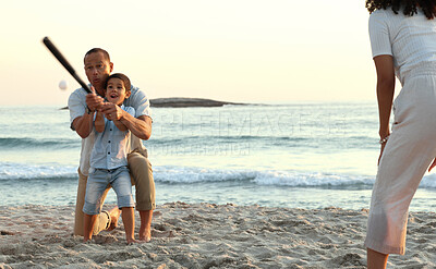 Buy stock photo Family, baseball and boy play at beach, having fun and enjoying holiday together. Care, sunset and mother with happy grandfather playing sports with kid or child and bonding by ocean or seashore.