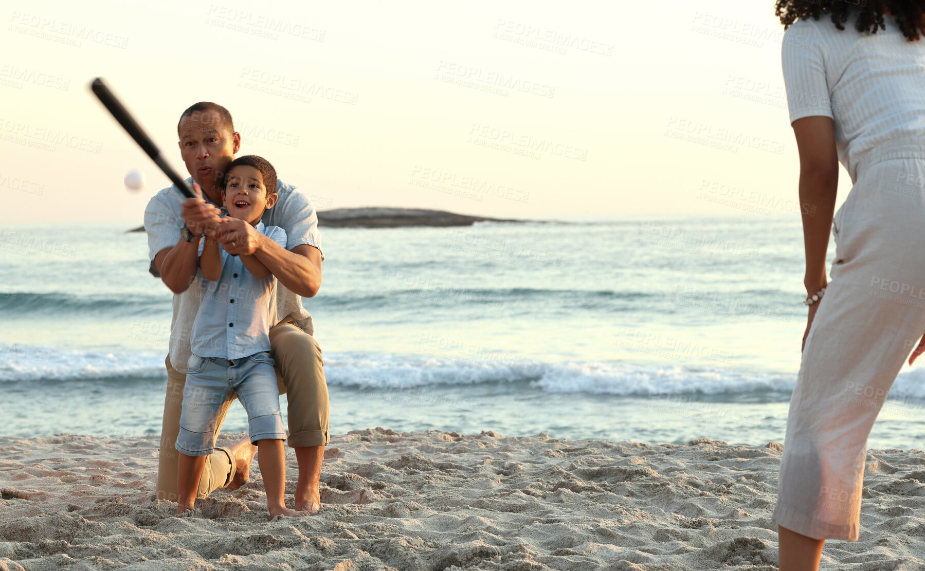 Buy stock photo Family, baseball and boy play at beach, having fun and enjoying holiday together. Care, sunset and mother with happy grandfather playing sports with kid or child and bonding by ocean or seashore.