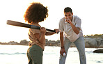 Baseball, father and girl play at beach, having fun and enjoying holiday together. Care, exercise and happy man pointing at kid or foster child while playing sports and bonding by seashore at sunset.