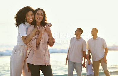 Buy stock photo Hug, portrait and mother and daughter at the beach for vacation, family walk and bonding. Travel, love and elderly mom and woman hugging with affection while walking at the ocean in summer for peace