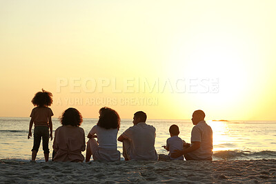 Buy stock photo Relax, sunset and travel with big family on beach for vacation, support and happiness. Bonding, summer break and holiday trip with parents and children at coast for care, generations or nature mockup