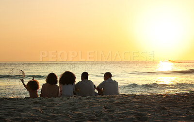 Buy stock photo Big family, sunset view and back at beach, having fun and bonding on vacation outdoors mockup. Care, love and children, grandmother and grandfather with parents sitting and enjoying holiday time.