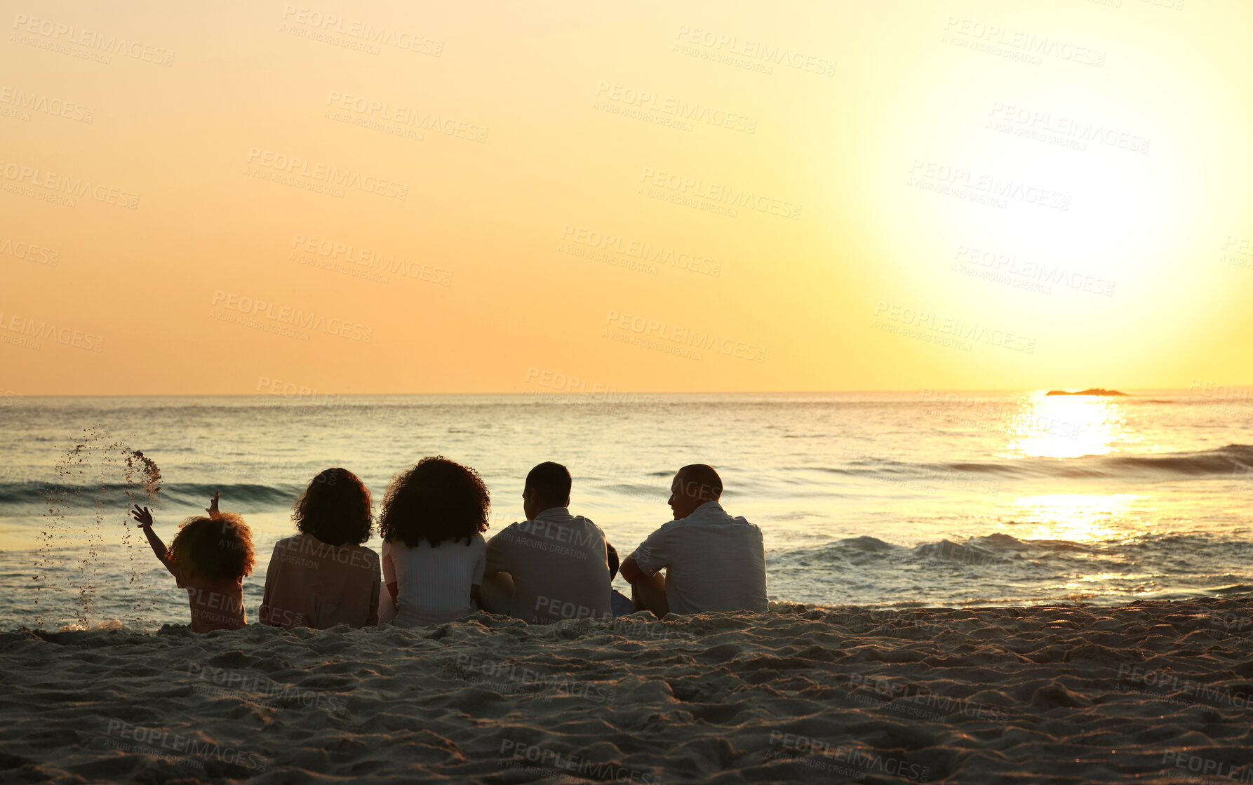 Buy stock photo Big family, sunset view and back at beach, having fun and bonding on vacation outdoors mockup. Care, love and children, grandmother and grandfather with parents sitting and enjoying holiday time.