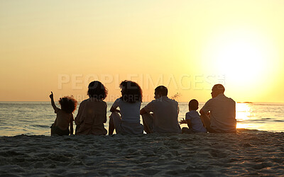 Buy stock photo Peace, sunset and travel with big family on beach for vacation, support and happiness. Bonding, summer break and holiday trip with parents and children at coast for care, generations or nature mockup