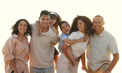 Buy stock photo Sunset, big family and portrait smile at beach, having fun and smiling on vacation outdoors. Care, bonding and happy kids, grandmother and grandfather with parents laughing and enjoying holiday time.