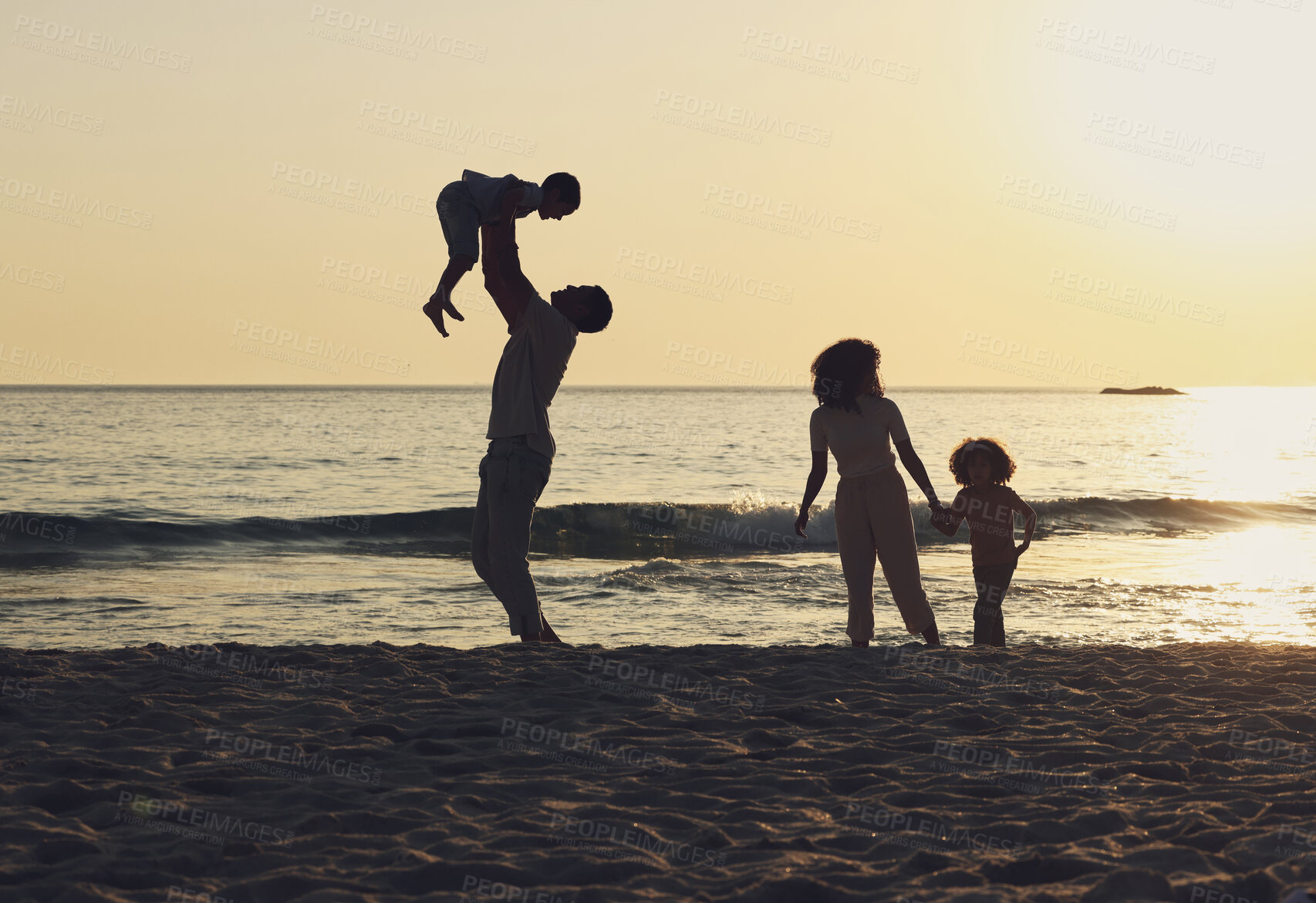 Buy stock photo Sunset, playing and travel with family at beach for freedom, happiness and summer break on vacation. Relax, calm and holiday trip with parents and children enjoying bonding, quality time and care