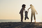 Silhouette, mock up and a family on a beach, playing while having fun together by the ocean or sea. Kids, travel or love with a mother, father and child on the sand at the coast to play while bonding