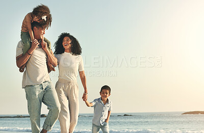 Buy stock photo Happy, summer and walking family on the beach for travel, bonding and quality time in Brazil. Mockup, together and parents with children on a walk by the ocean for playing, vacation and break