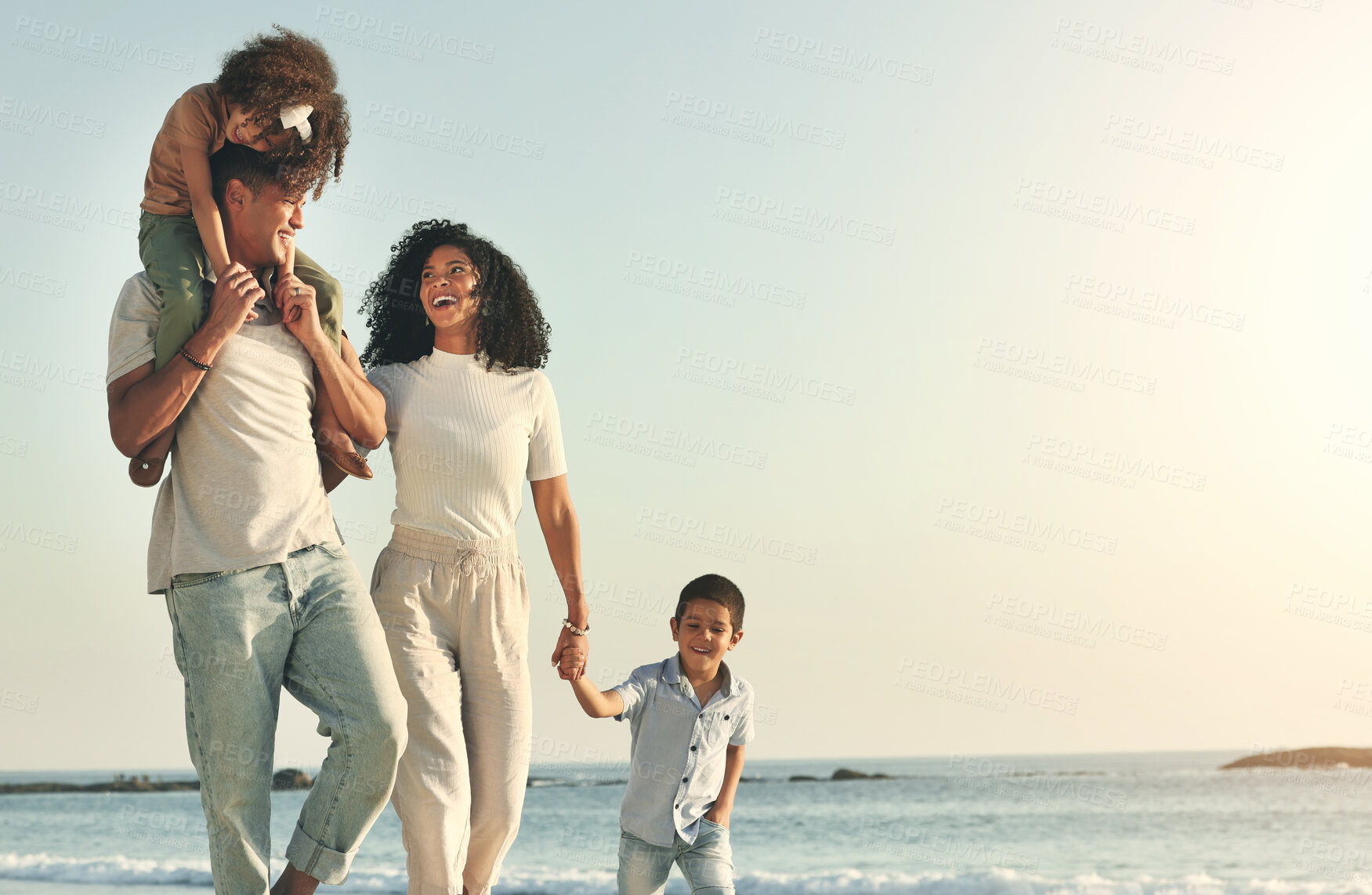 Buy stock photo Happy, summer and walking family on the beach for travel, bonding and quality time in Brazil. Mockup, together and parents with children on a walk by the ocean for playing, vacation and break