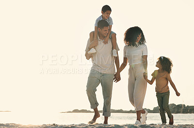 Buy stock photo Happy, holding hands and walking family on the beach for travel, bonding and quality time in Brazil. Sunset, mockup and parents with children on a walk by the ocean for playing, vacation and break