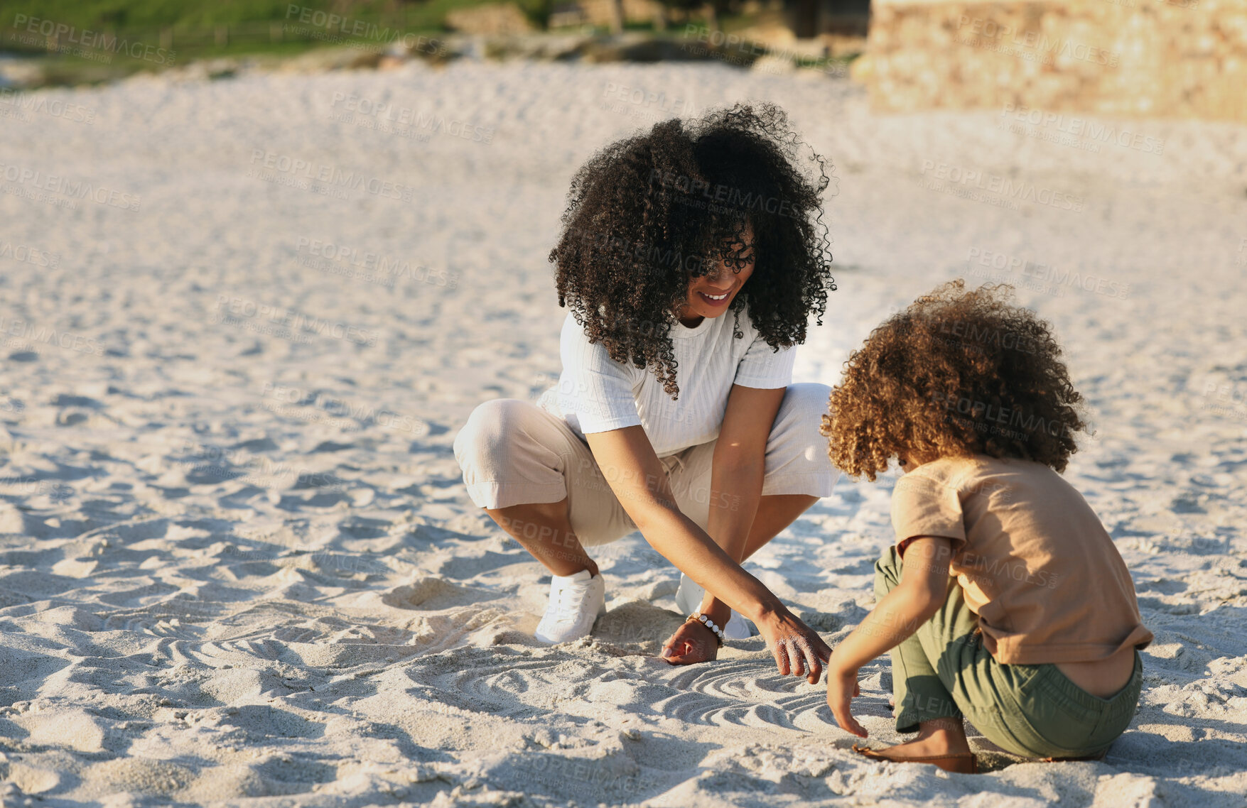 Buy stock photo Black family at the beach, mother and child play in sand on summer holiday, freedom and travel with nature outdoor. Fun together, vacation and carefree with happiness, woman and girl in Jamaica