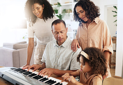 Buy stock photo Family, keyboard piano and playing music with grandparents, mother and child with people bonding. Happiness, relationship and generations, teaching and learning, creativity and musical instrument
