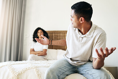 Buy stock photo Argument, stress and couple in bedroom for conflict, breakup conversation and communication. Sad, angry and man speaking to a woman about relationship, divorce and frustrated with problem in marriage
