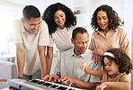 Family, keyboard piano and play music with grandparents, parents and child with people bond at home. Happiness, relationship and generations, teaching and learning, creativity and musical instrument