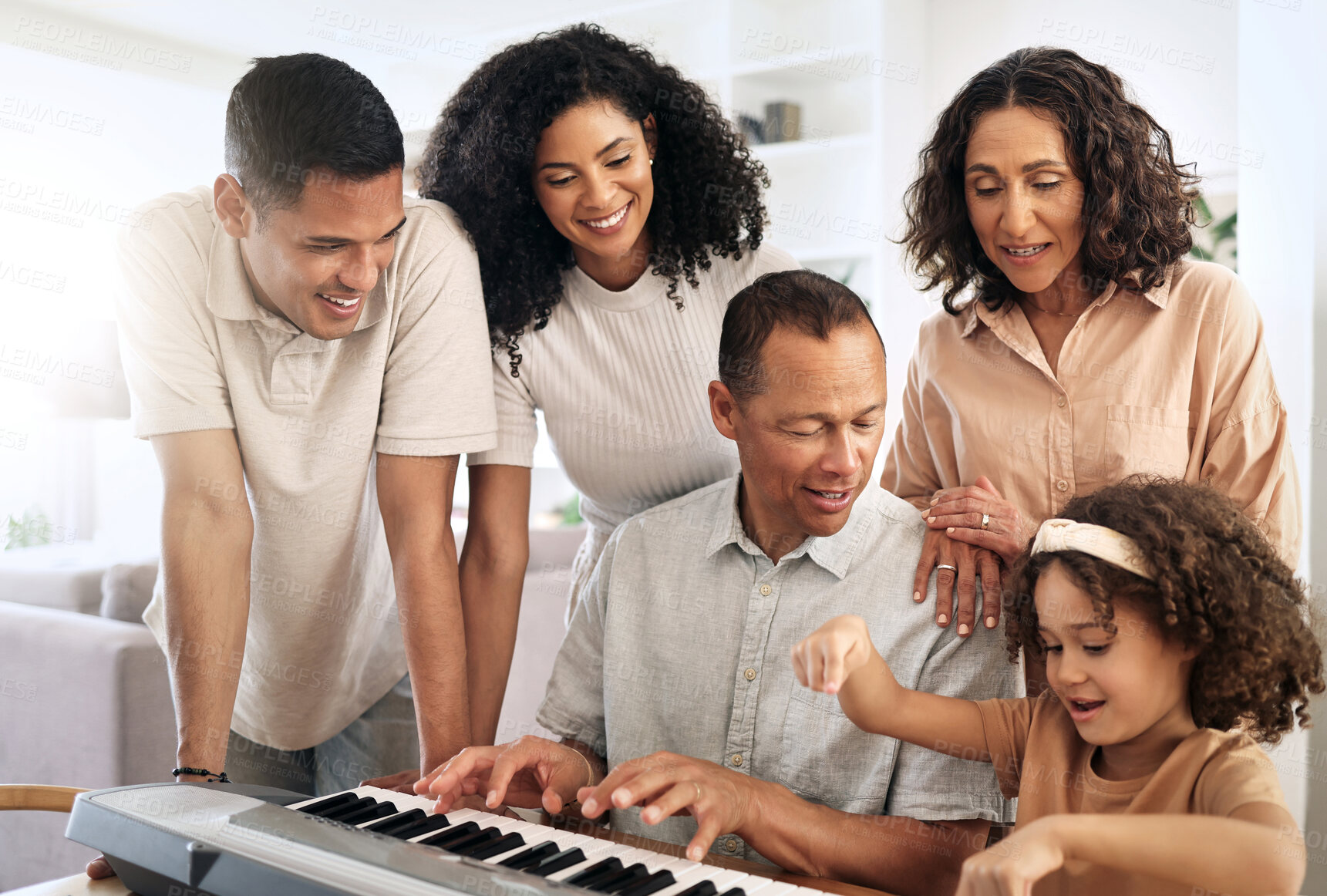 Buy stock photo Family, keyboard piano and play music with grandparents, parents and child with people bond at home. Happiness, relationship and generations, teaching and learning, creativity and musical instrument