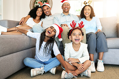 Buy stock photo Christmas, smile and portrait of big family on sofa in home living room, bonding and laughing at funny joke. Love, xmas holiday and care of happy children, parents and grandparents sitting on couch.