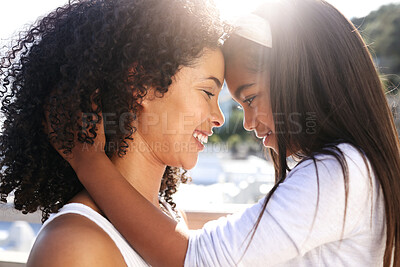 Buy stock photo Hug, love and mother and child at the beach with happiness, bonding and affection. Admiring, fun and African mom and girl hugging for appreciation, mothers day and care together by the ocean