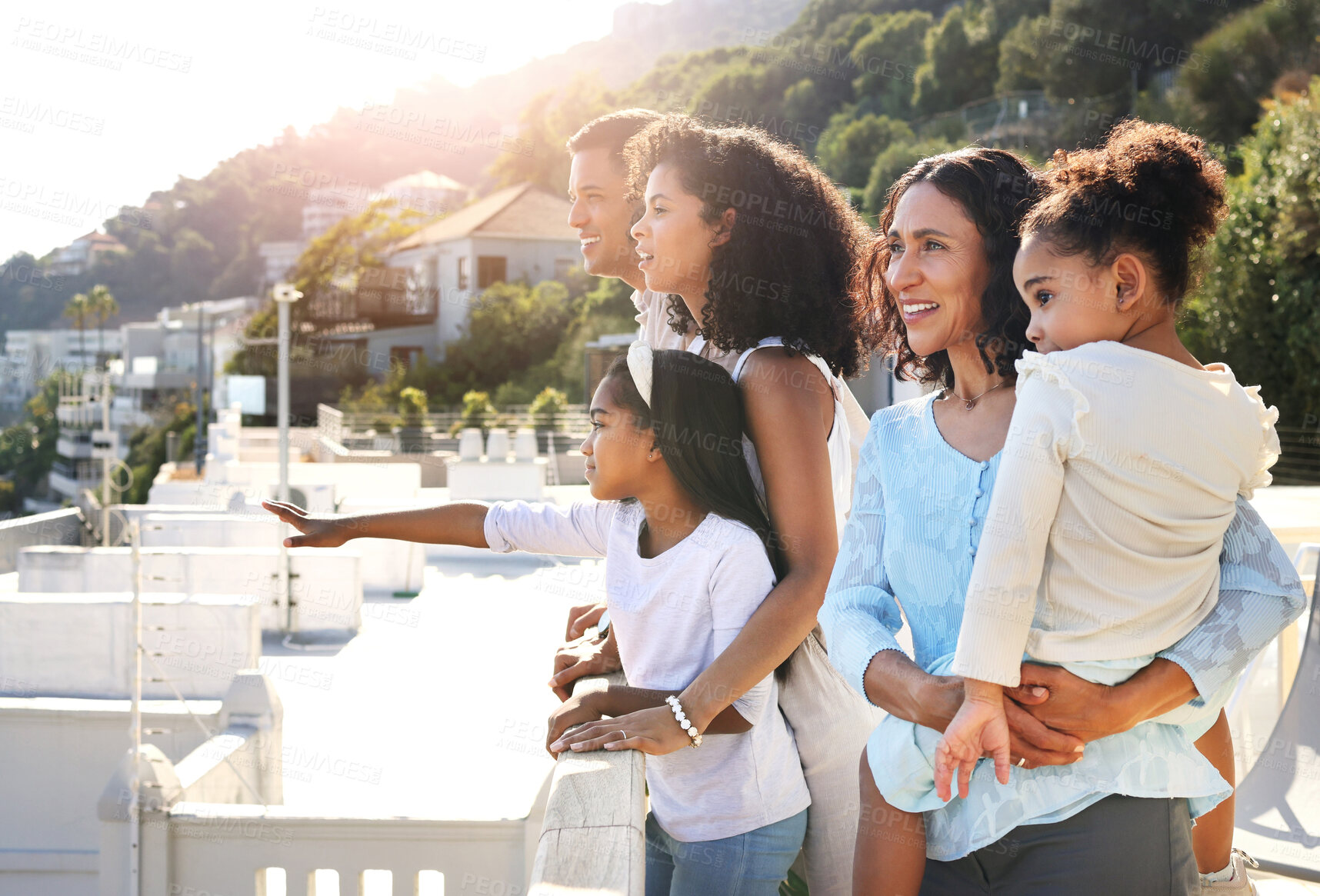Buy stock photo Family, travel and parents with children on balcony for vacation, weekend and holiday together in Italy. Travelling, love and mother, father and kids enjoying freedom, adventure and journey in city