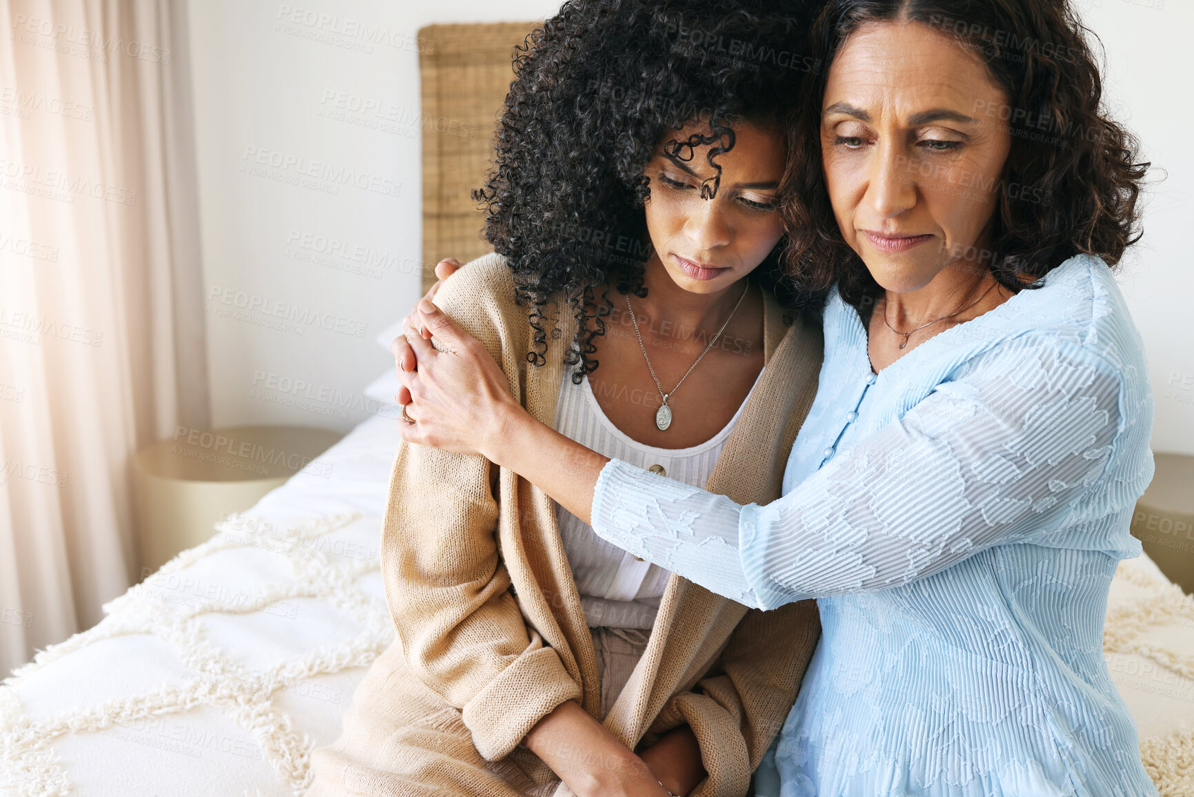 Buy stock photo Black women hug, comfort and sad with empathy, kindness and mental health, love with grief and loss. Depression, mother and adult daughter with compassion and care, family and support with trust