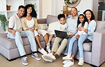 Portrait, laptop and a black family in the living room of a home together, sitting on a sofa. Love, internet or bonding with children, parents and grandparents in the lounge of a house during a visit