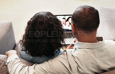 Buy stock photo Laptop, couple and video call on home sofa for communication, network connection and webinar. Man and woman grandparents in lounge with app for virtual conversation, distance family chat or to relax