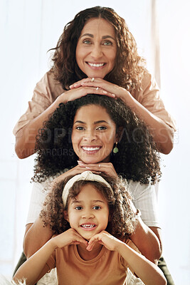 Buy stock photo Generations, stack portrait and women of family with grandmother, mother and daughter with smile. Black woman, grandma and girl faces, love and bonding in home living room with solidarity