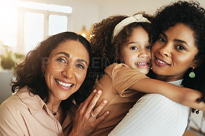 Buy stock photo Black woman, mother and daughter with grandma in portrait with love, smile and care on holiday together. Happy family, women and girl with happiness, hug and solidarity in home living room in morning