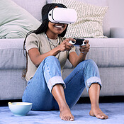 Woman Video Games And Virtual Reality Headset On Home Floor For Online 