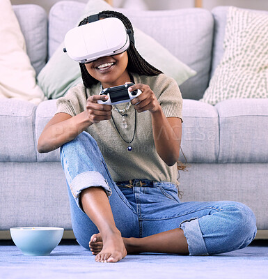 Buy stock photo Black woman, video games and virtual reality gaming on home floor for metaverse, ar and ux. Gamer person with console and vr headset for cyber or 3d digital world streaming with futuristic tech