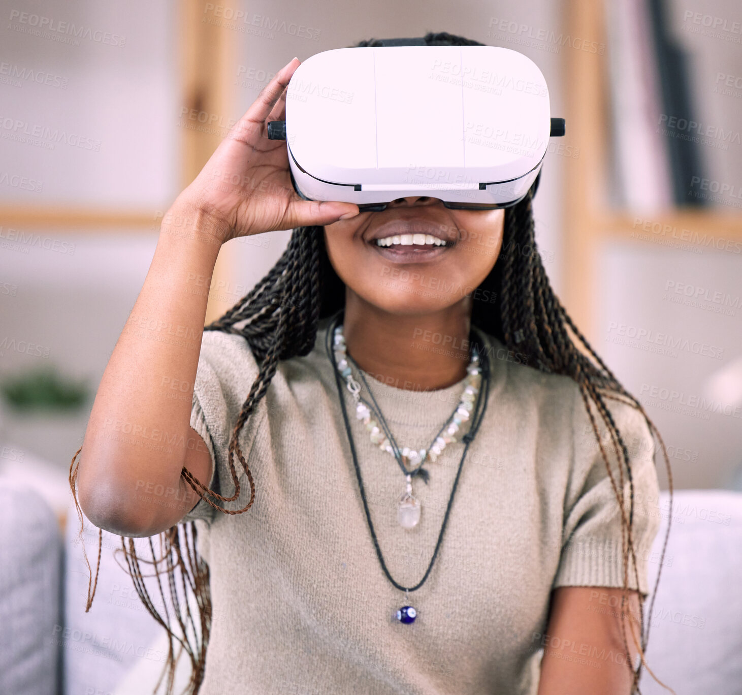 Buy stock photo Future, virtual reality glasses and black woman in lounge, esports and connection for metaverse. Futuristic, African American girl with vr, smile and  3d gaming in living room or stress relief 