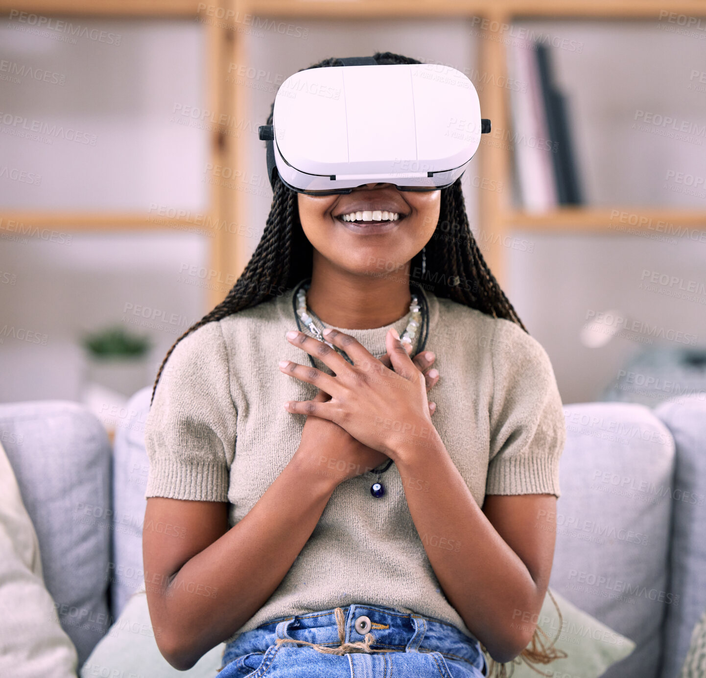 Buy stock photo Futuristic, virtual reality glasses and black woman with happiness, hands to chest and living room. Metaverse, Nigerian female and girl with vr, metaverse and gaming with success, achievement or tech