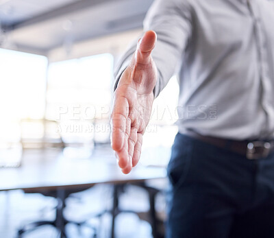 Buy stock photo Welcome, opportunity and business man with a handshake in office for recruitment, onboarding or hiring. Partnership, collaboration and professional shaking hands for contract, agreement and deal.