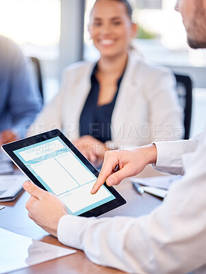 Buy stock photo Business man, hands and tablet in meeting for schedule planning, notes or minutes in collaboration. Hand of male team leader holding touchscreen for planner, reminder or managing corporate tasks